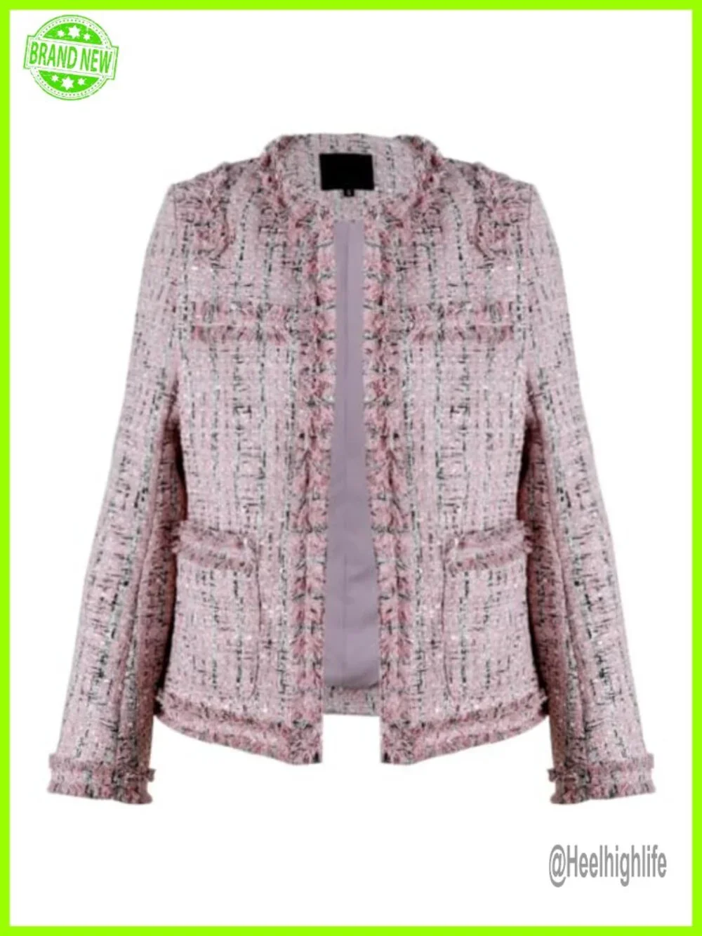 Oversized Collarless Tweed Blazer Fringed Open Front Business Jacket